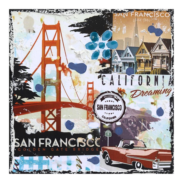 Golden Gate -Original Pop Art Landscape Collage on Canvas Original Artwork by Marion Duschletta For Sale