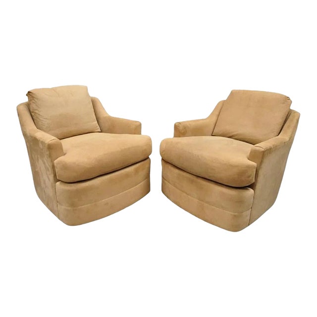 Mid 20th Century Vintage Mid Century Modern Brown Upholstered Swivel Lounge Club Chairs - A Pair For Sale