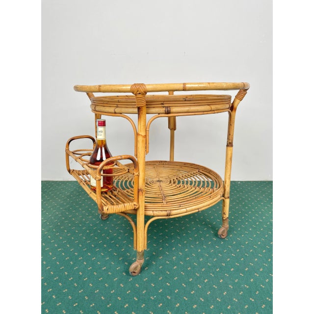 Bamboo & Rattan Round Serving Bar Cart Trolley, Italy, 1960s For Sale - Image 9 of 15