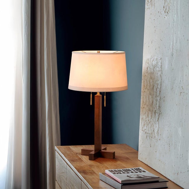 1960s Swiss Cross Table Lamp - Dark Walnut Wood Finish, Weathered Brass, White Linen Shade For Sale - Image 5 of 12