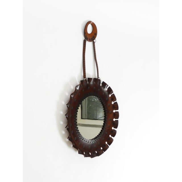 Mid-Century Modern Round Wall Mirror with Leather Frame and Strap, 1960s For Sale - Image 3 of 17