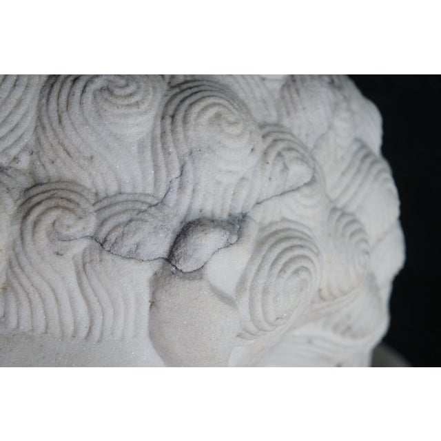 Mid 20th Century Pair of Chinese Marble Foo Dog Guardian Fu Lion Temple Garden Statues 41" For Sale - Image 11 of 18