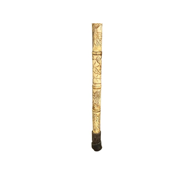 Vintage Chinese Old Men Engraved Motif Bone Color Resin Inset Walking Stick For Sale - Image 9 of 12
