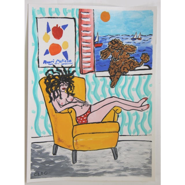 2020s Nude Tiger Dog Poodle Interior Pop Art Surreal Impressionist Red Aqua Yellow Gray Original Painting by Cleo Plowden For Sale - Image 5 of 6