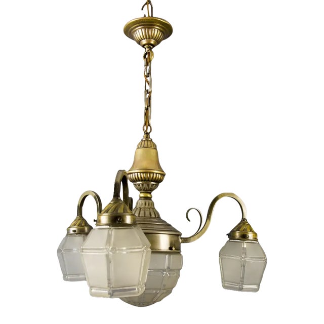Art Deco French Brass & Frosted Glass 4-Light Chandelier, 1920s For Sale
