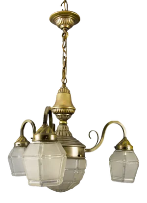 Art Deco French Brass & Frosted Glass 4-Light Chandelier, 1920s