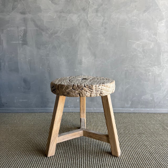 Vintage Elm Wood Wheel Side Table #E90 For Sale - Image 4 of 8