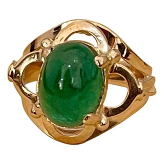 6 Carat Elongated Oval Emerald Cabochon 14 Karat Rose Gold Cocktail Ring Vintage For Sale