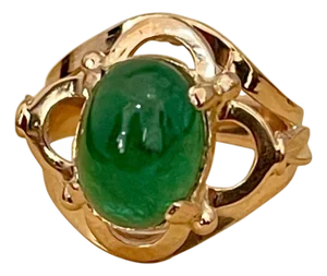 6 Carat Elongated Oval Emerald Cabochon 14 Karat Rose Gold Cocktail Ring Vintage