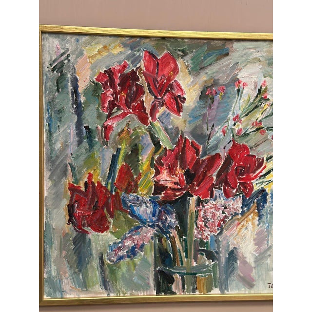 Harry Thomander, Amaryllis and Hyacinths, 1960s, Oil on Canvas, Framed For Sale - Image 8 of 15