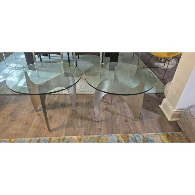 1960s Aluminum Propeller Glass Coffee Table Attributed to Knut Hesterberg Mid Century ~ Pair W/Beveled Glass Tops For Sale In Savannah - Image 6 of 9