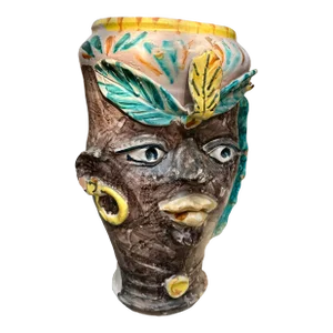 Vintage Italian Pottery Old Sicilian Caltagirone Head Vase Majolica Signed Romano Caltagirone