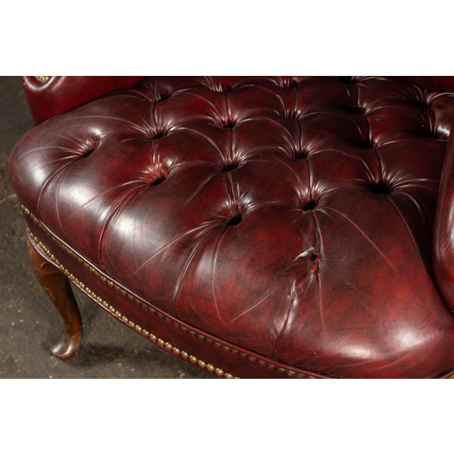 Vintage Tufted Leather Wingback Chesterfield Armchair in Oxblood For Sale - Image 12 of 15