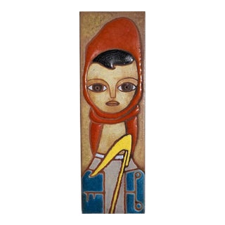 Red Clay Tile Artwork From Greek Artist Panos Valsamakis - Folk Art Woman For Sale