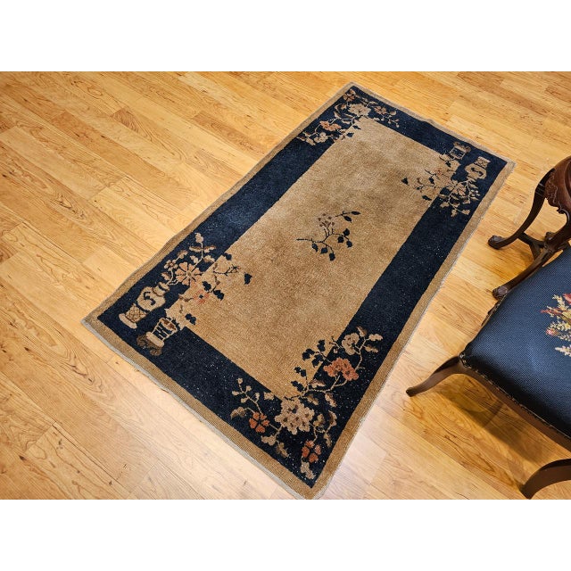 Tan Vintage Art Deco Chinese Area Rug, Handwoven Wool, Floral Medallion, 3' x 6' For Sale - Image 8 of 17