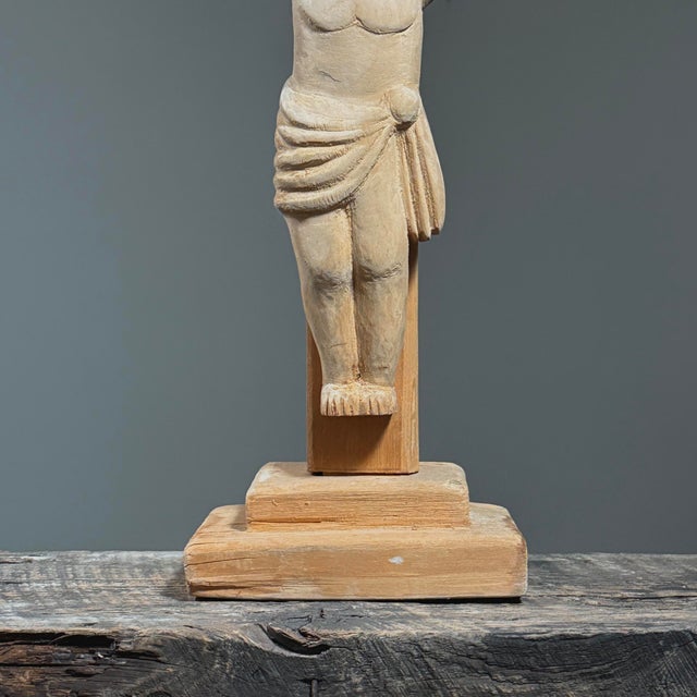 Tan Vintage European Folk Art Modernist Hand Carved Crucifix Sculpture For Sale - Image 8 of 10