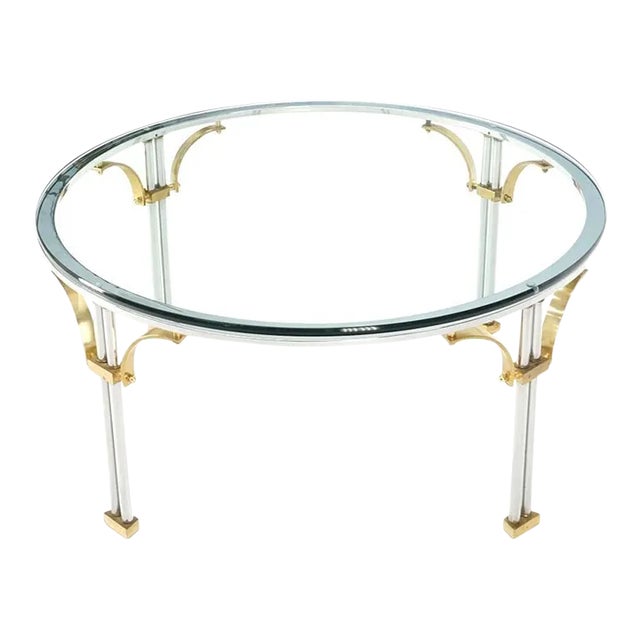 Round Glass Top Chrome Legs Solid Brass Stretchers & Feet Coffee Center Table For Sale