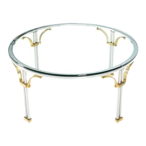 Round Glass Top Chrome Legs Solid Brass Stretchers & Feet Coffee Center Table