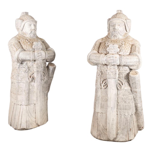 Vintage Carved Stone Chinese Military Officers Statues—A Pair For Sale