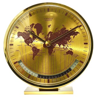 Mid-Century GMT World Time Zone Brass Table Clock, Germany attributed to Wilhelm Kienzle, 1960s For Sale