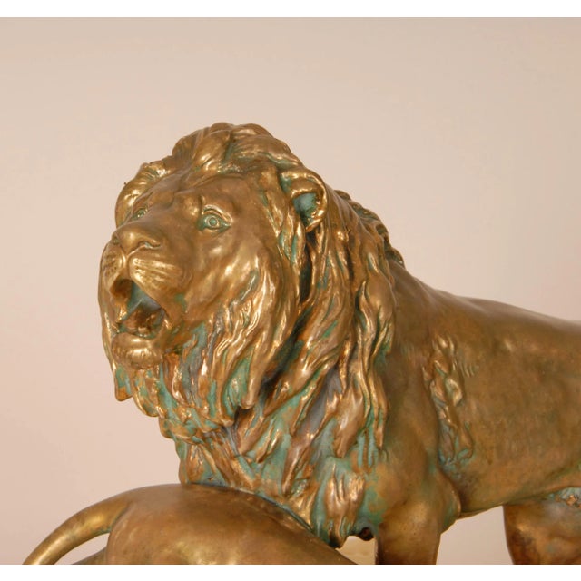 Ceramic Antique Porcelain Sculpture Lions Signed Viennese Porcelain Group Gold Beige For Sale - Image 7 of 18
