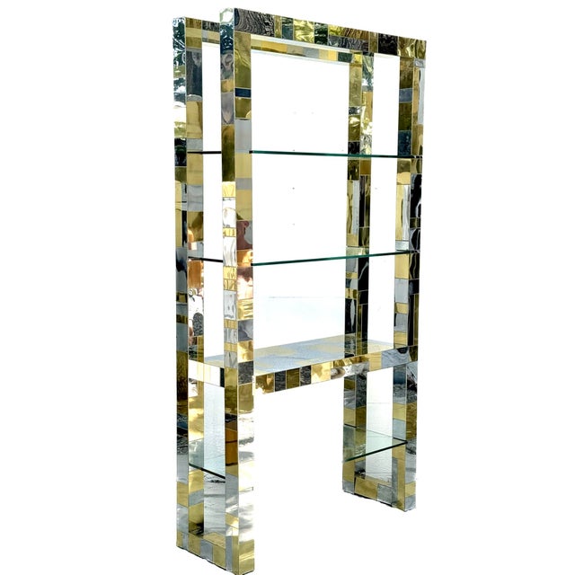 A rare signed iconic Paul Evans 'Cityscape' large freestanding bookcase etagere, circa 1970s. Chrome & brass clad design-...