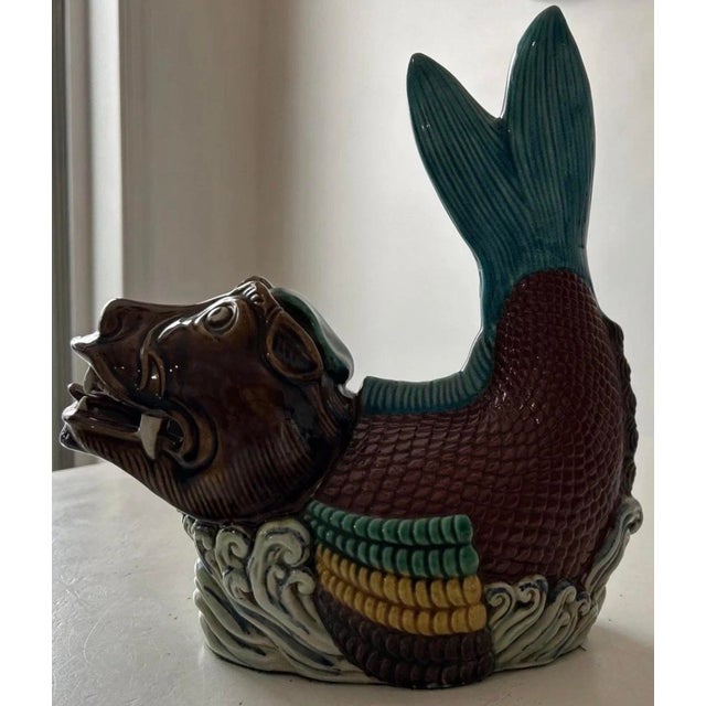 Ceramic Vintage Pair of Chinese Porcelain Statues of Koi Dragon Carp Dragon Fish Figurines. 10"h & 9.5"h For Sale - Image 7 of 14