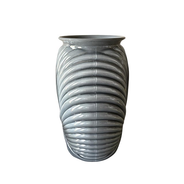 Late 20th Century Art Deco Revival Ribbed Wrapped Art Glass Vase Vintage Gray Inspired by Plissé Glass For Sale - Image 5 of 8