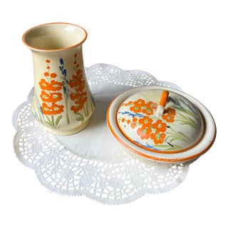 Vintage Floral Hand Painted Dishes, Vase and Bowl With Lid - a Pair For Sale