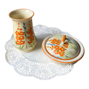 Vintage Floral Hand Painted Dishes, Vase and Bowl With Lid - a Pair