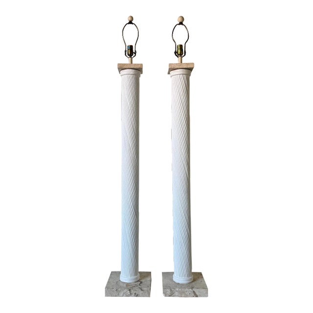 1980s Vintage Faux Pencil Reed Plaster Floor Lamps With Coral Stone Base – Pair For Sale