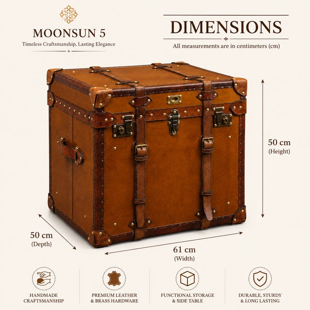 Campaign Handmade Leather Storage Trunk Side Table, Vintage English Belted Chest, Tan Leather Occasional Table, Brass Hardware Campaign Furniture For Sale - Image 3 of 8