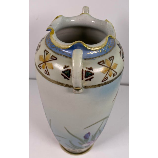 Antique Japanese Hand-Painted Porcelain Vase With Birds & Iris Flowers, Jeweled Gilt Decoration For Sale In Miami - Image 6 of 14