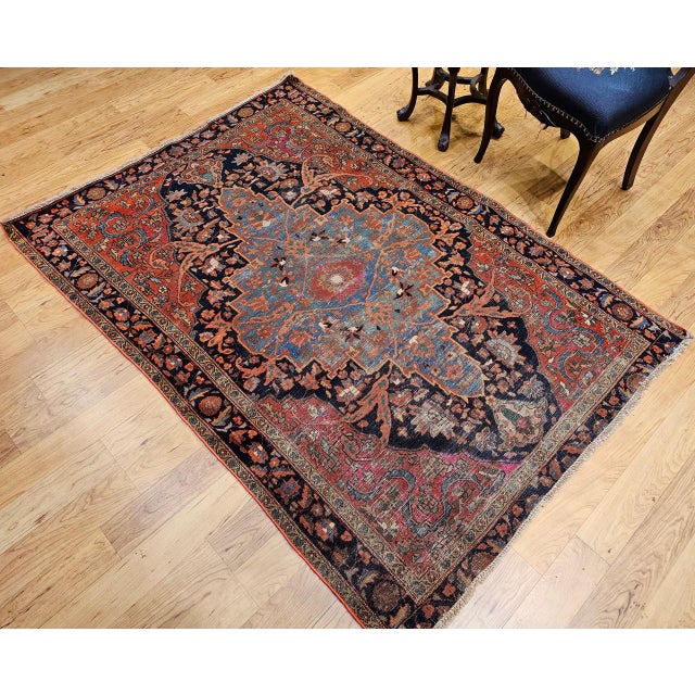 19th Century Persian Farahan Rug, Hand-Knotted Wool, Floral Medallion Design, Blue & Red, 4x6 For Sale - Image 4 of 18