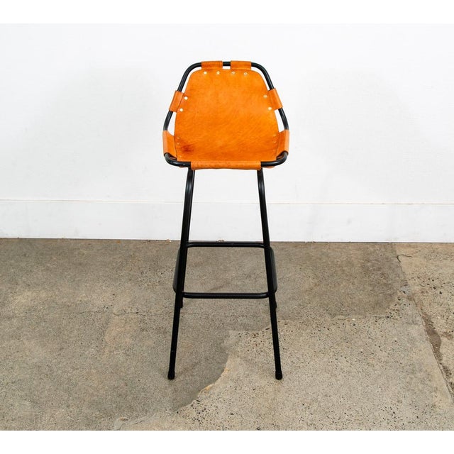 Metal 1960s Mid Century Modern Bar Stools Set 3 Cognac Tan Leather Charlotte Perriand Arcs For Sale - Image 7 of 12