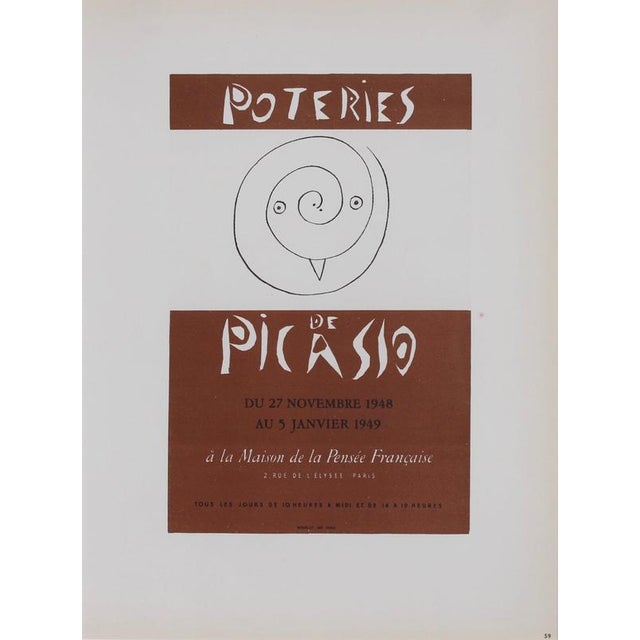 A lithograph after picasso's poster for his first major exhibition of ceramics, held at the maison de la pensée française...