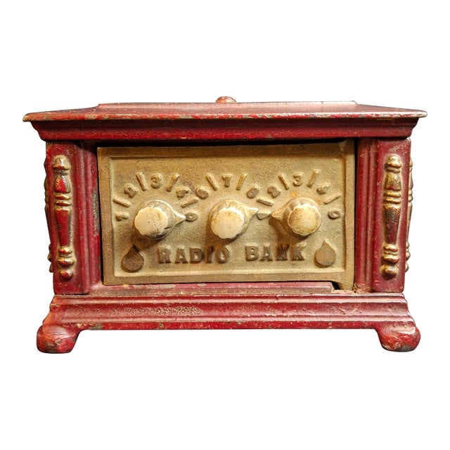 Antique Kenton Toys Cast Iron Radio Bank 1920s Small 3-Dial Safe Red Paint For Sale