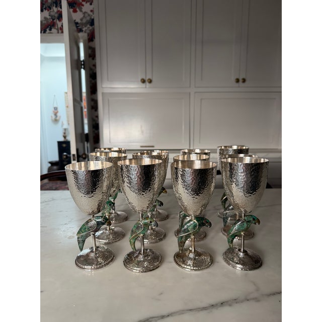 Metal Vintage Set of 12 Los Castillo Wine Glasses, Goblets, Stemware, With Parrots For Sale - Image 7 of 14