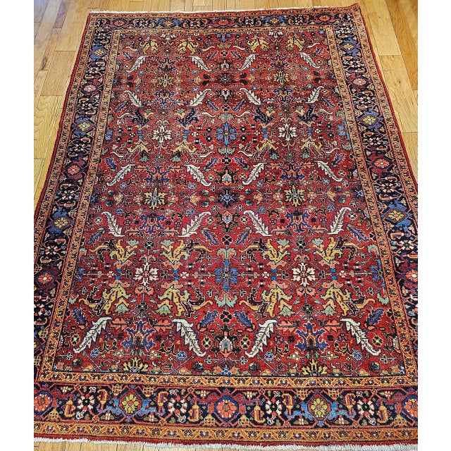 Red Vintage Persian Heriz Rug, Hand-Knotted Wool, Allover Geometric Pattern, Red & Blue, 8x11 For Sale - Image 8 of 15