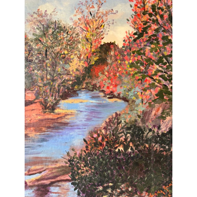 1960s 1962 Verna C. Rambo " October in Georgia " Fall River Landscape Oil Painting, Framed For Sale - Image 5 of 12