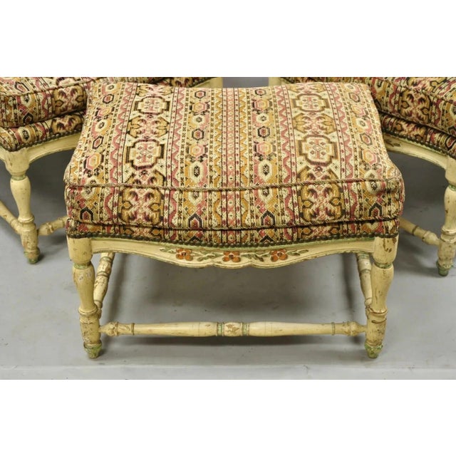 French Country Mid 20th Century Vintage French Country Cream Distress Painted Lounge Arm Chairs & Ottoman - 3 Pieces For Sale - Image 3 of 12