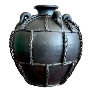 Vintage Boho Braided Rattan Studio Pottery Jug For Sale