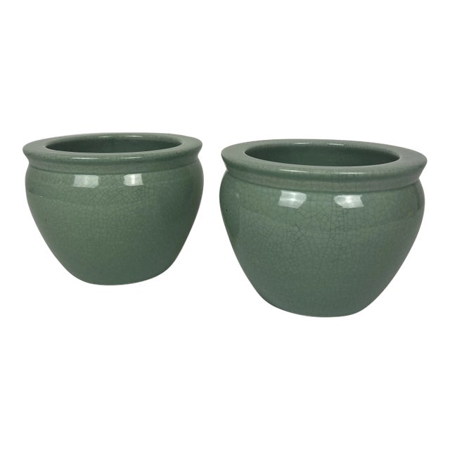 1980s Small Crackled Celadon Fish Bowls - a Pair For Sale