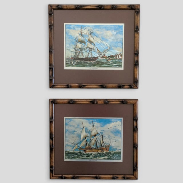 Vintage Nautical Clipper Ship Color Foil Prints Framed in Faux Bamboo Frames- A Pair For Sale - Image 4 of 11