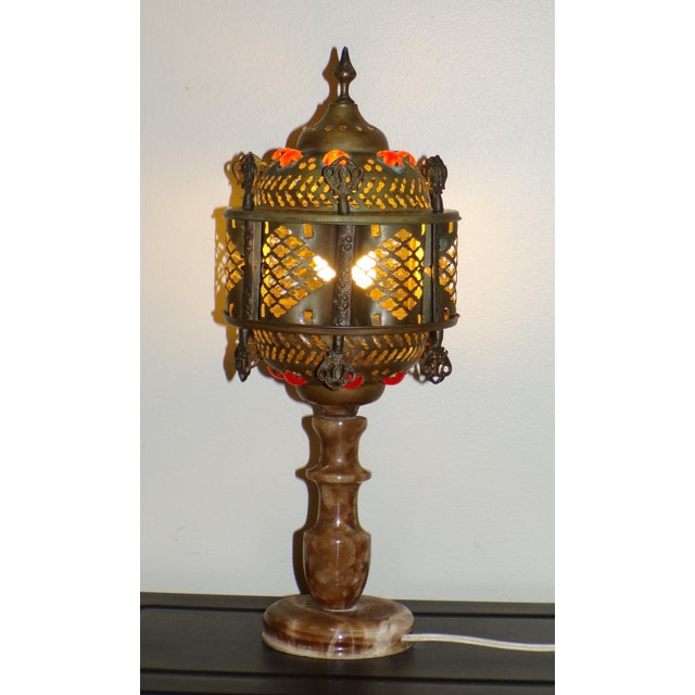 Vintage Moroccan Middle Eastern Turkish Jeweled Brass Table Lamp Marble Base For Sale - Image 4 of 16
