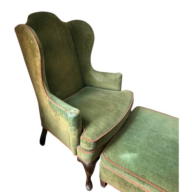 Vintage Wingback Chair and Ottoman by Woodmark Originals in Green Velvet With Terracotta Piping, a Set For Sale - Image 10 of 13