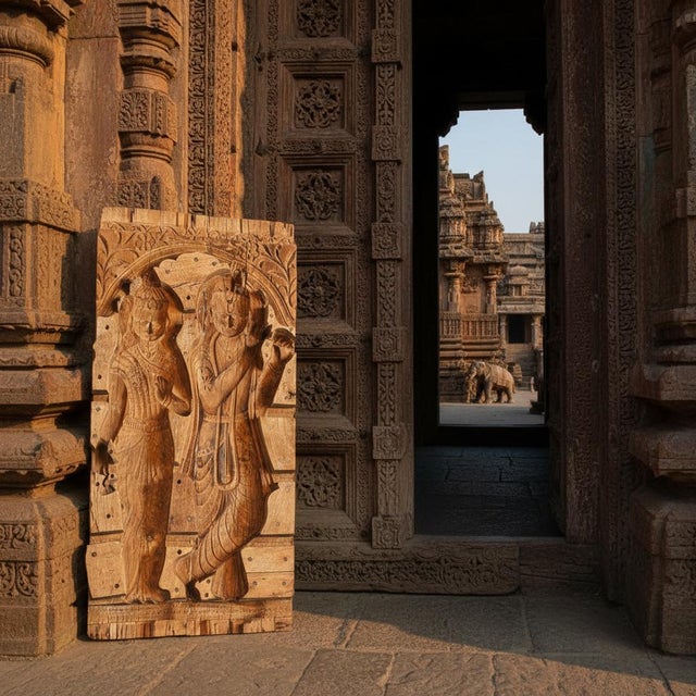 Antique Indian Temple Panel-Hand Carved Wood-Architectural Wall Art 37''-Sacred For Sale - Image 11 of 12