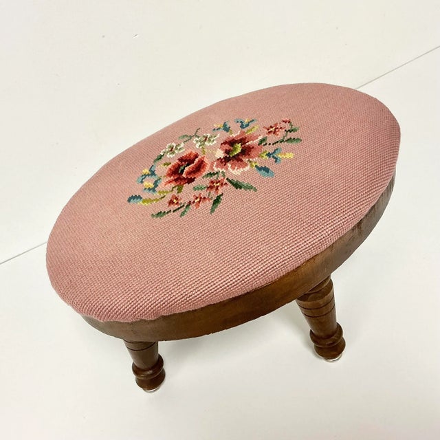 Wood Mid-Century Boho Chic Folk Art Traditional Needlepoint Oval Footstool. For Sale - Image 7 of 14