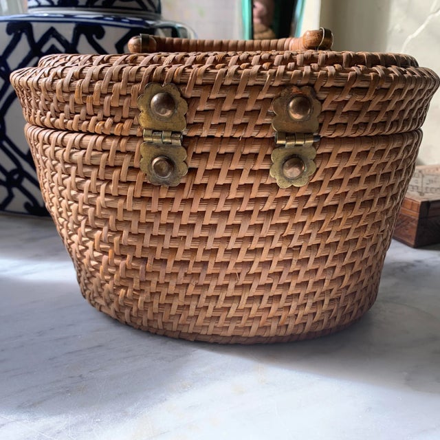 Vintage Asian Wicker Brass Lunch Basket or Purse For Sale - Image 9 of 10
