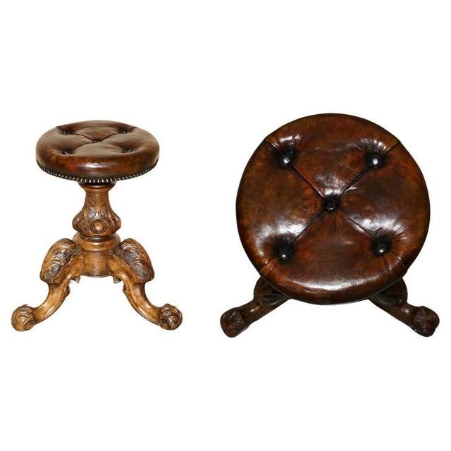 Antique Victorian Brown Leather Chesterfield Height Adjustable Piano Stool, 1880 For Sale - Image 17 of 17